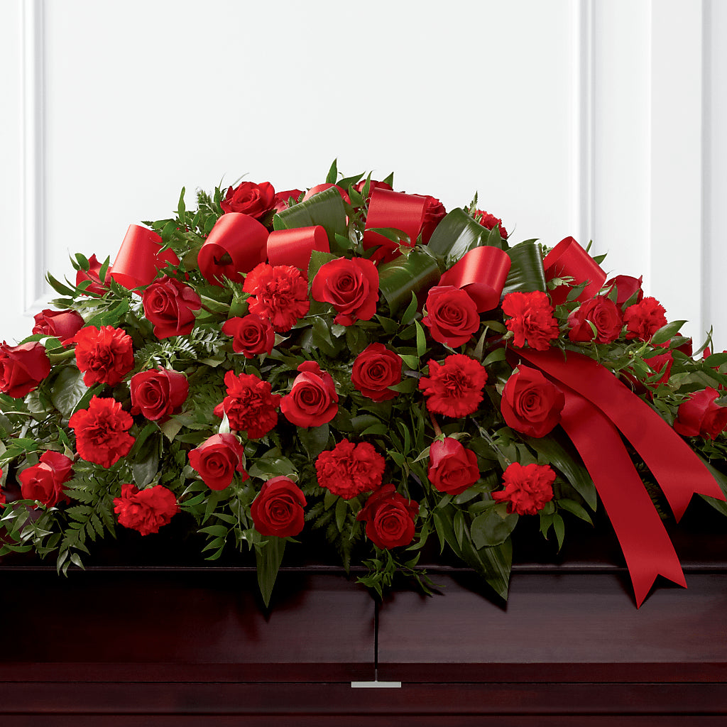 Tribute of Life Casket Spray – Forget Me Not Flowers, Whitney TX