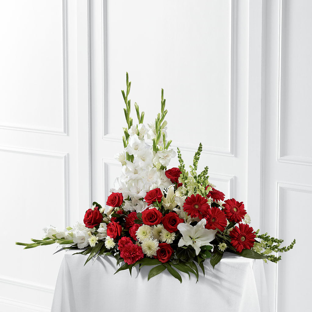 Crimson & White Arrangement – Forget Me Not Flowers, Whitney TX