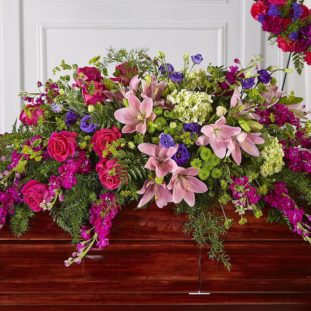 Radiant Tribute Casket Spray – Forget Me Not Flowers, Whitney TX