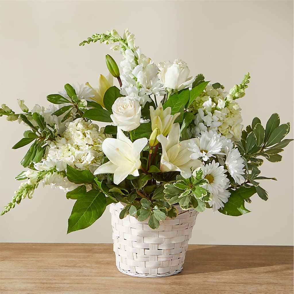 Ivory Elegance Floral Basket – Forget Me Not Flowers, Whitney TX