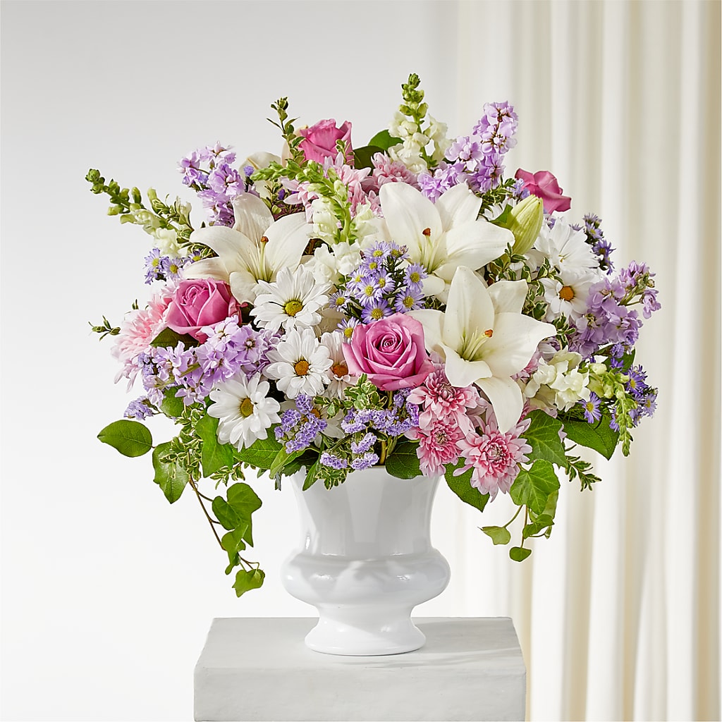 Remarkable Life Urn Arrangement – Forget Me Not Flowers, Whitney TX