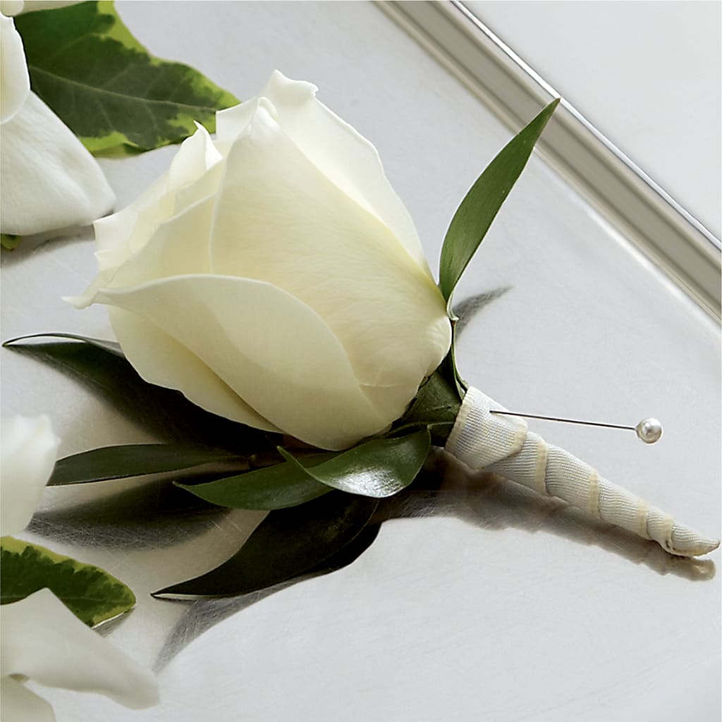 White Rose Boutonniere – Forget Me Not Flowers, Whitney TX