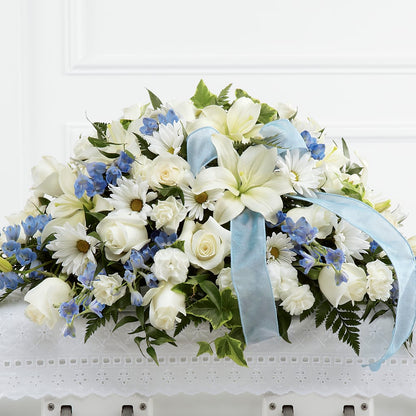 Tender Treasure Casket Spray –  Forget Me Not Flowers, Whitney TX