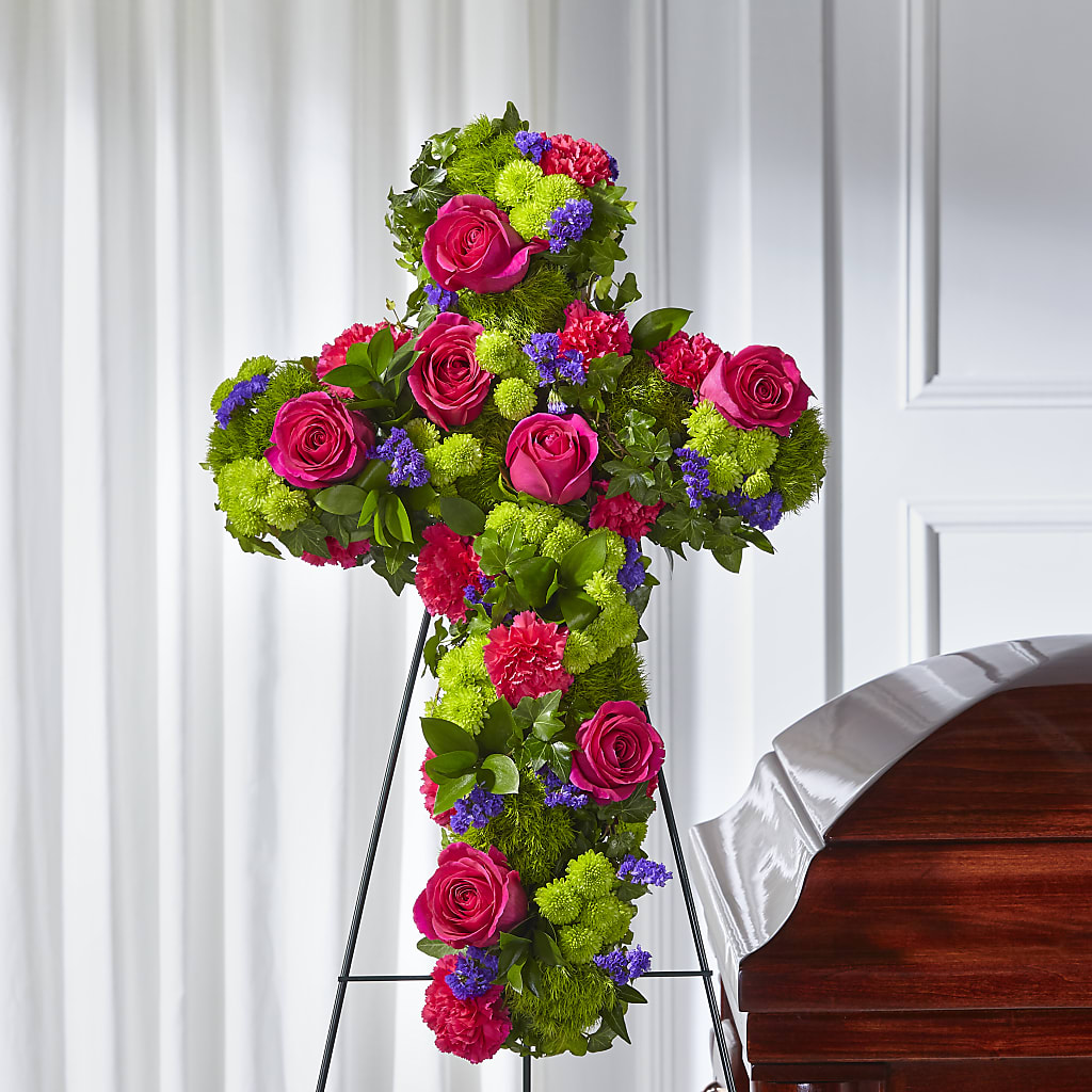 Tribute Rose Floral Cross –  Forget Me Not Flowers, Whitney TX