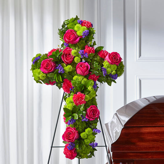 Tribute Rose Floral Cross –  Forget Me Not Flowers, Whitney TX