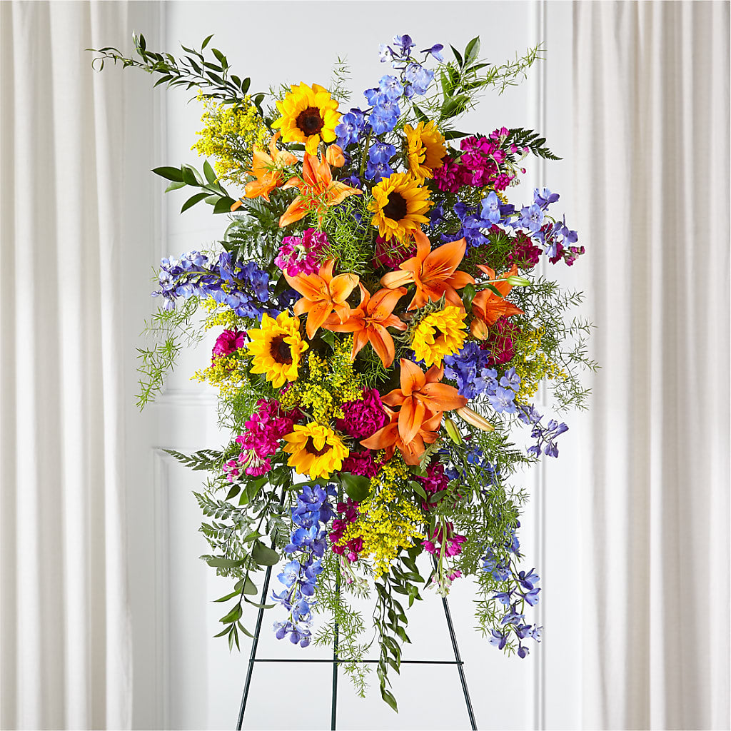 Sunlit Memories Standing Spray (Standard) –  Forget Me Not Flowers, Whitney TX