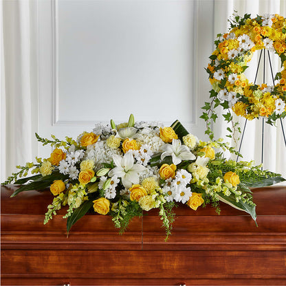 Golden Harmony Casket Spray –  Forget Me Not Flowers, Whitney TX