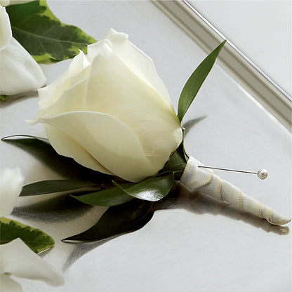 White Rose Boutonniere –  Forget Me Not Flowers, Whitney TX